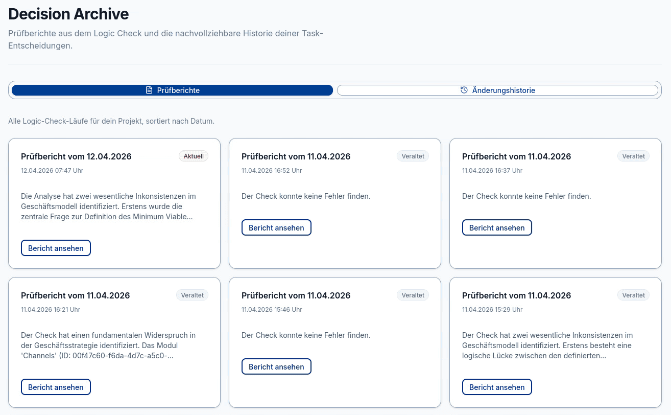Idea Forge Decision Archive mit Logic-Check-Prüfberichten