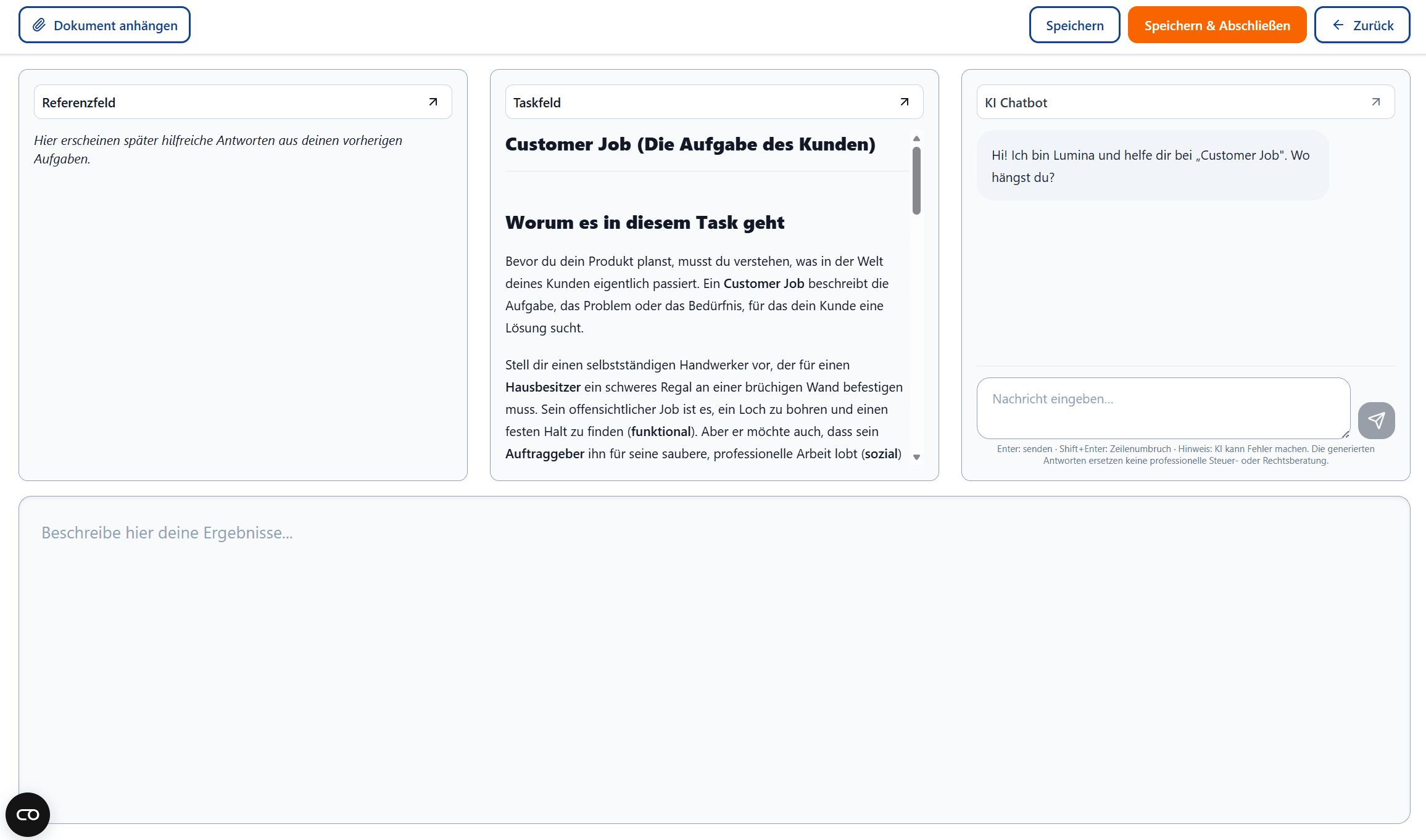 Idea Forge Aufgabenansicht mit Referenzfeld, Taskfeld, KI-Chat und Ergebnisfeld