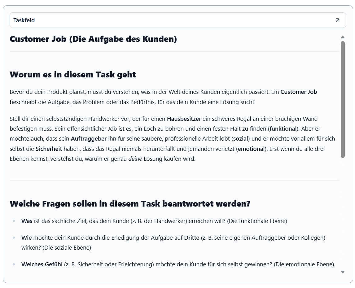 Idea Forge Aufgabenfeld mit Task-Erklärung und Leitfragen